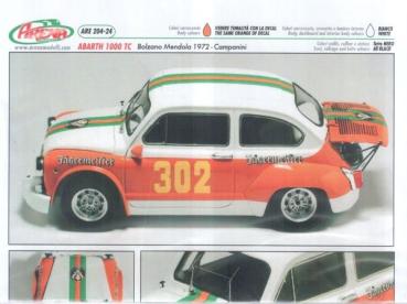 Decal Abarth 1000 TC - Bolzano Mendola 1972 - Campanini #302, 1/24, Arena 204-24